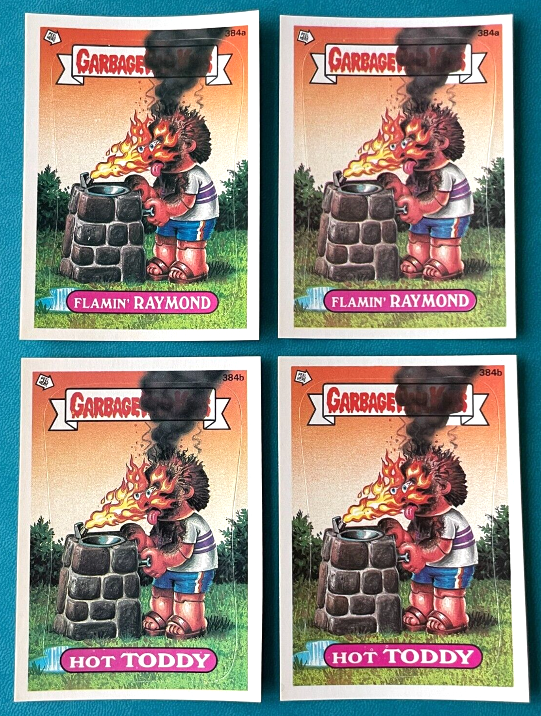 Topps Garbage Pail Kids 384a + 384b Flamin Raymond SQUARE BOX ERROR 4-Card Set - $19.75
