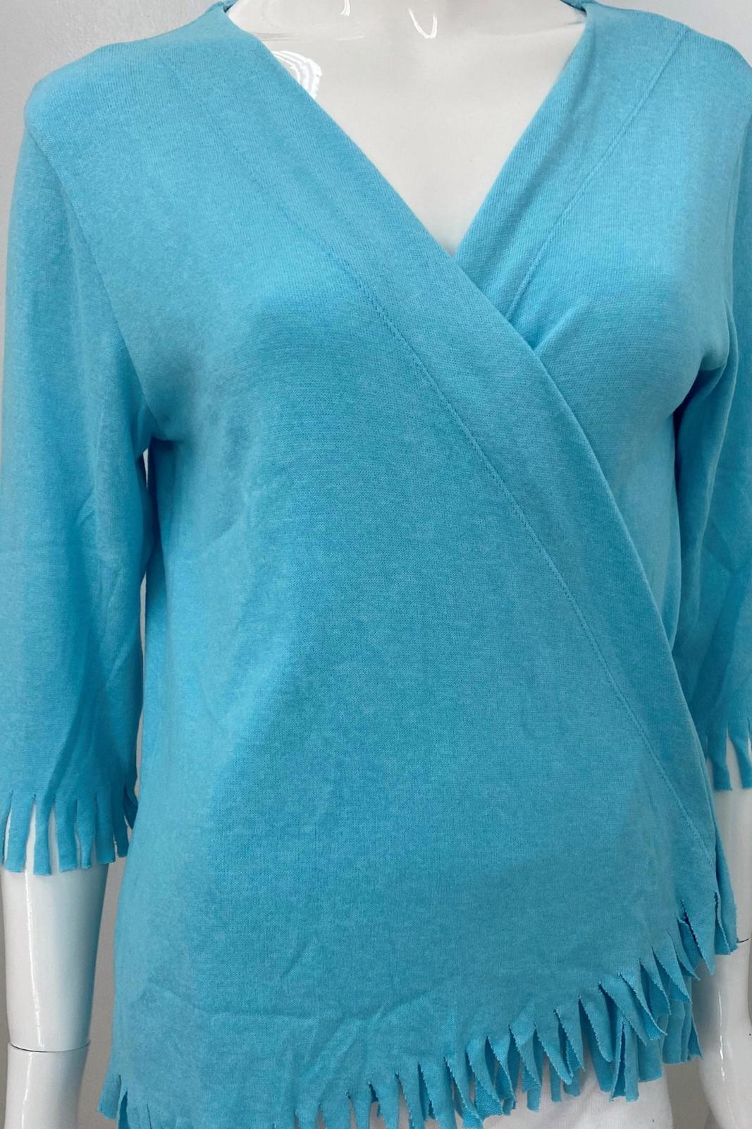 French Kyss women's soft stretch 3/4 sleeve fringe cardigan in Surf - size S