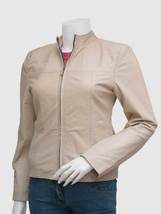 New Beige Color Leather jacket Zipper Closure Band Collar For Women - £157.26 GBP