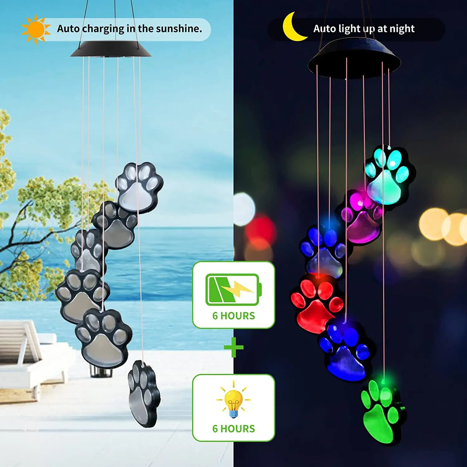 Color Changing Solar Wind Chime LED Dog paw Hummingbird  Waterproof Outdoor Wind - £138.96 GBP