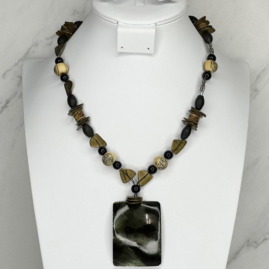 Primary image for Chico's Vintage Shell Pendant on Black and Gold Tone Beaded Necklace