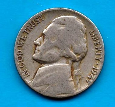 1947 D Jefferson Nickel -Moderate Wear Very Good condition- About VF - $0.20