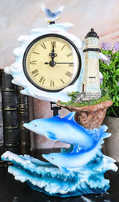 Nautical Marine Bottlenose Dolphins Family In Waves By Lighthouse Table Clock