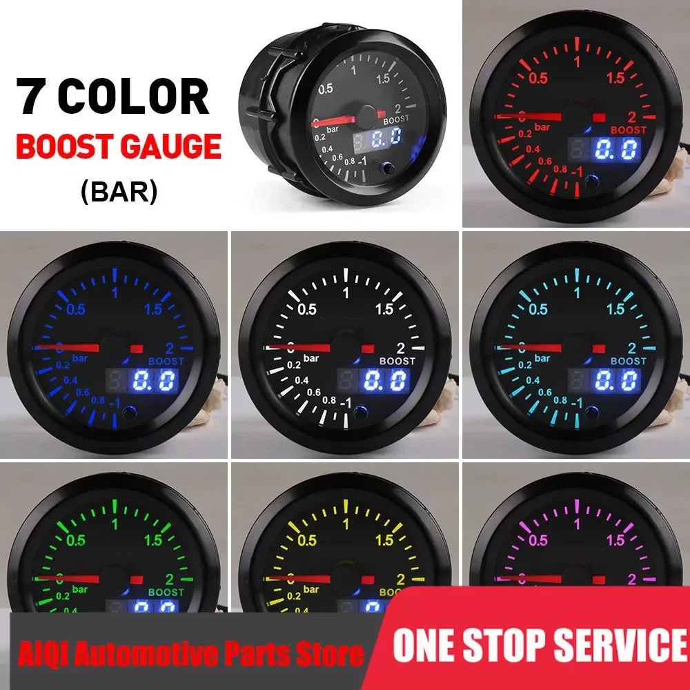 12V 52MM 7 Color Universal Turbo Boost Gauge 2 Bar Pointer LCD Dual Display - £47.51 GBP