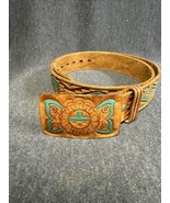 Vtg Genuine Leather Hand Painted Tooled Leather Belt &amp; Buckle 38 Cowboy ... - $44.55