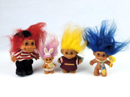 Lot 4 Vintage Russ Troll Dolls Red, Blue, Yellow &amp; Pink Hair football - £18.19 GBP