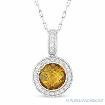 1.40 ct Checkerboard Citrine Gem &amp; Diamond Halo Pendant 14k White Gold Necklace - £380.86 GBP