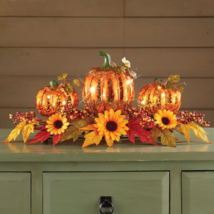 Lighted Fall Pumpkin Trio &amp; Sunflower Table Centerpiece Thanksgiving Home Decor - $24.34