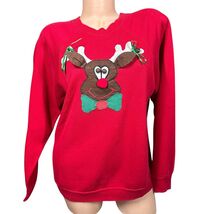 Vtg 80s Christmas Sweatshirt Red Reindeer Applique Rudolph Bells Size M ... - $22.76