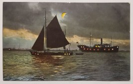 HTL Ships Steamer &amp; Sailboat Moonlight Christmas Hold To Light Postcard S25 - £15.69 GBP