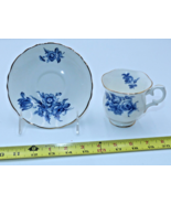 Crown Staffordshire England Footed Blue Flowered Tea Cup and Saucer - $17.33