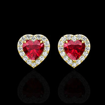 1Ct Heart Ruby &amp; Created Diamond Halo Earrings 14K Yellow Gold Studs - £78.98 GBP