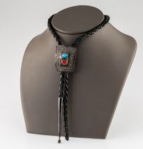Cravatta Bolo In Pelle Intrecciata Con Argento Sterling, Turchese E Corallo - $539.67