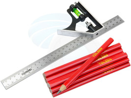 Stainless Steel Metric Combination Square Vial Ruler Pack 12pc Pencils - £11.43 GBP