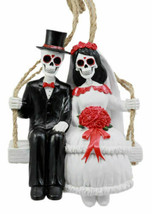 Day Of The Dead Wedding Swingers Skeleton Bride &amp; Groom On Rope Swing Figurine - £28.94 GBP