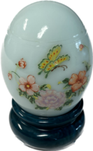 Vintage Avon Collectible Patchwork Cologne Porcelain Blue Floral Egg w/ Pedestal - $11.29