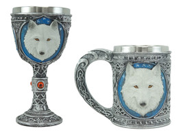 Ebros Large Celtic Direwolf White Snow Wolf Coffee Mug &amp; Wine Goblet Cha... - £39.97 GBP