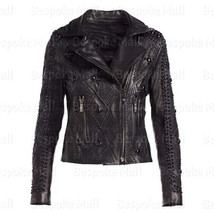 New Women Black Metallic Tonal Studded Punk Designed Cowhide Leather Jacket-423 - £342.47 GBP