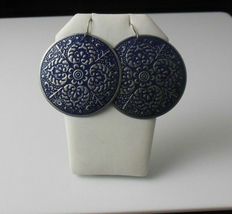 Large Blue Circle Round Heart/Floral Hook Earrings 1 7/8" Diameter Light... - $13.99