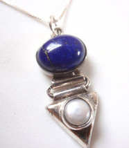 Cultured Pearl and Lapis Lazuli 925 Sterling Silver Necklace d17b - £16.53 GBP