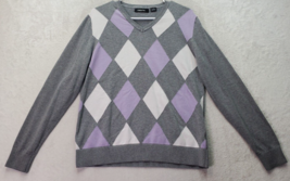 Claiborne Sweater Women&#39;s Small Gray Purple Argyle Long Sleeve V Neck Pullover - £16.18 GBP