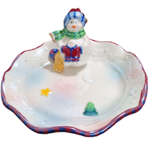 Luster Candy Dish With Attached Snowman Christmas Dish Winter 7&quot; - £7.80 GBP