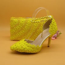 7cm/9cm Yellow Flower Wedding Shoes With Matching Bags High Heels Pointed Toe An - £111.80 GBP