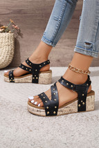 Black Rivet Hollow Out Leather Wedge Sandals - $478.34 MXN