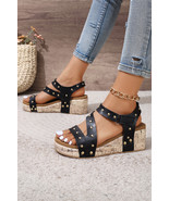 Black Rivet Hollow Out Leather Wedge Sandals - $25.68
