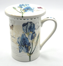 Kent Pottery Tea Coffee Mug Cup with Lid Blue Iris Flower Design - $26.99