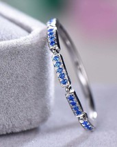 14K White Gold Finish 0.50Ct Round Cut Blue Sapphire Half Eternity Wedding Band - £70.39 GBP