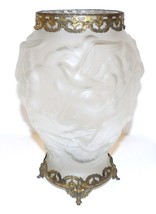 Czechoslovakia Frosted Glass Birds In Clouds Ormolu Brass 10 1/8&quot; Tall Vase - £113.90 GBP