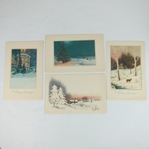 Vintage Christmas Cards Lot 4 Snowy Trees Night House Decorations Deer U... - £25.06 GBP