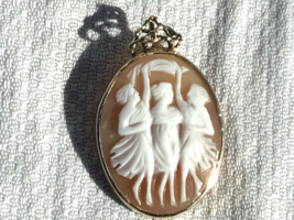 14k Yellow Gold Three Graces Cameo Pin Pendant Handmade Cameo Signed by Cutter - £202.25 GBP