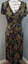 Rachel Zoe Dress Womens Medium Black Multi Floral Short Sleeves Faux Wrap Belted - $27.76