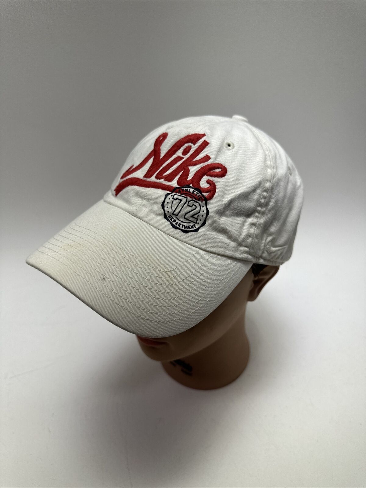 Primary image for Nike White Baseball Hat Embroidered Logo Athletic Dept 72 Strapback Cap