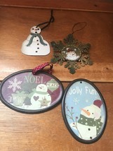 Estate Lot of 4 Thin Painted Metal Snowman in Snowflake Oval Medallion Christmas - £8.91 GBP
