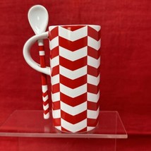 Starbucks Red &amp; White Chevron Stripe 8 oz Ceramic Mug w/ Spoon 2013 - £10.45 GBP