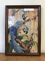 Vtg Framed Parrot Bird Aviary Crewel Fabric Embroidery Needlepoint Art 9.75&quot;x7&quot; - $59.99