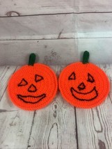 HALLOWEEN Handmade Knit Pot Holders Jack O Lantern Pumpkin Set of 2 Kitchen - £8.03 GBP