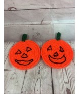HALLOWEEN Handmade Knit Pot Holders Jack O Lantern Pumpkin Set of 2 Kitchen - £7.79 GBP
