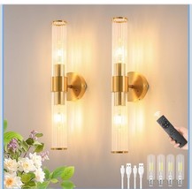 Brass Wall Sconce Set of Two Battery Operated Wall Sconce Gold Wall Lamp... - $97.14 CAD