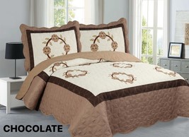 Lidia Flowers Chocolate Color Embroidery Bedspread Set 3 Pcs Queen Size - £38.66 GBP