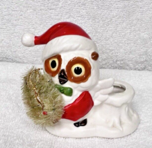 Vintage Napco Christmas Owl Candleholder in Santa Hat Fluffy Wreath Porc... - $25.83 CAD