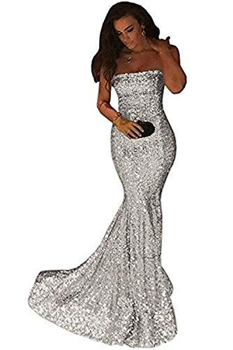 Women Sequins Mermaid Long Strapless Formal Evening Gown Prom Dress Silver US 14