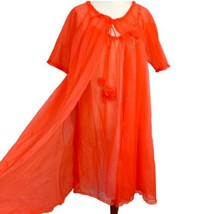 Vanity Fair Peignoir Set S 50s 60s Deep Coral Robe Nightgown Negligee Gown Lace - £139.31 GBP