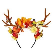 Handmade Autumn Flower Antler Headband Orange Woodland Deer Horns Floral Hairban - £30.28 GBP