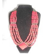 Vintage Red Plastic Bead 5 Strand Necklace Choker Silver tone - $12.10 CAD