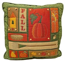 Decorative Throw Pillow Fall Harvest Quilted Buttons Green Brown Red Orange  - £8.48 GBP