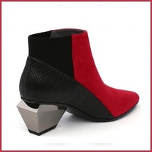 Red And Black Split Color Suede Genuine Cow Leather Cuban Heel Ankle Boots image 2